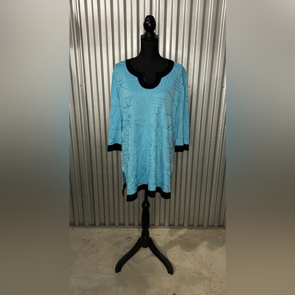 Women’s Ming Wang Blue Black Geometric 3/4 Sleeve Blouse Acrylic Rayon 2XL - Picture 1 of 4